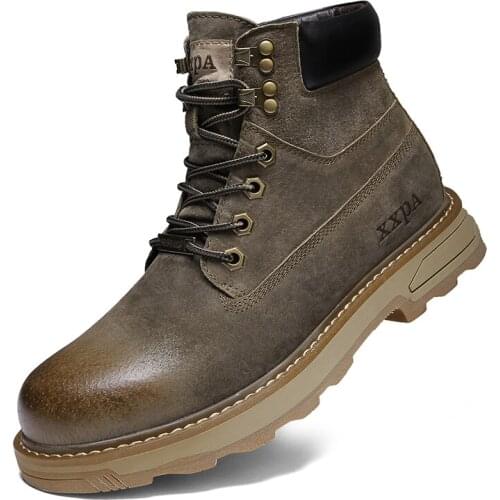 Fashion high-end leather mens Martin boots, casual non-slip work boots, high-top motorcycle boots, lace-up brown handmade boots