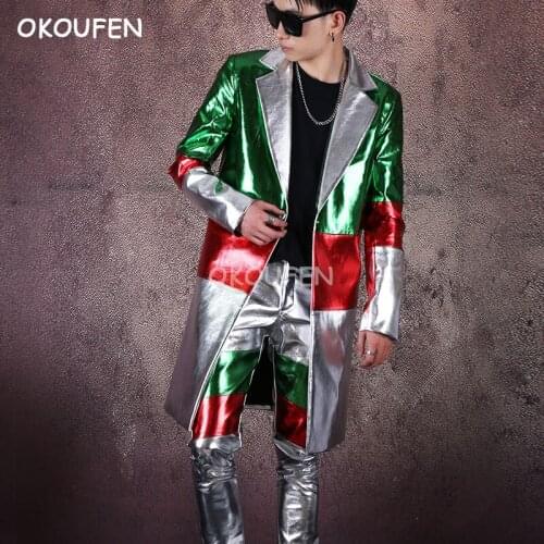 Nightclub fashion hair stylist leather suit fashion new stitching leather long suit PU stitching jacket