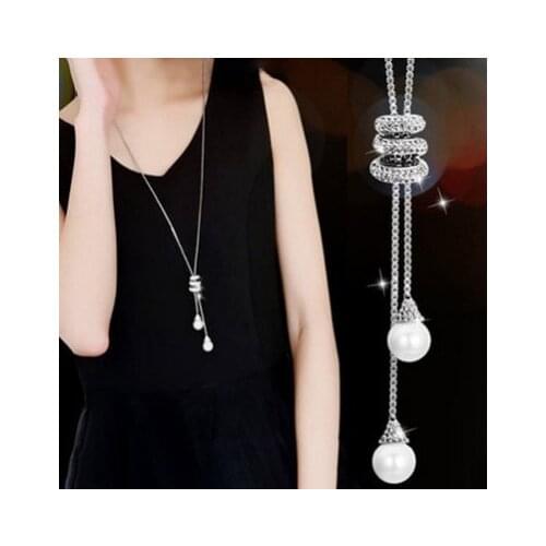 NEW High Quality Fashion Metal Long Tassel Rhinestone Crystal Pearl Long Chain Necklace Sweater Patry statement Necklace Jewelry