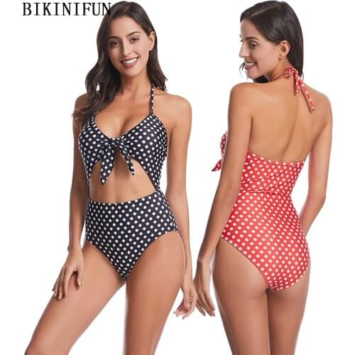 2020 New Polka Dot Swimsuit Front Bow Knot Swimwear Backless Halter Bathing Suit S-XL Girl High Waist One Piece Suit Monokini