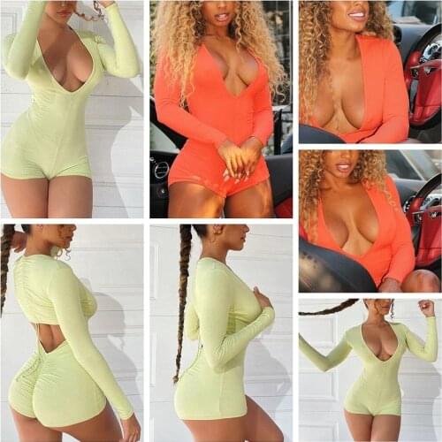 New Sexy Woman Girls Solid Color Long Sleeve V-neck Backl Hole Slim Bodycon Romper Jumpsuit Clothes