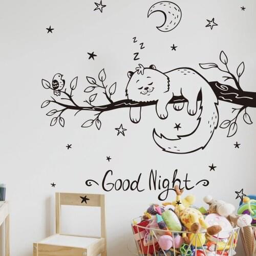 Large Cartoon Cat Sleeping On The Branch Wall Sticker Baby Nursery Kids Room Good Night Pet Star Moon Bird Wall Decal Bedroom