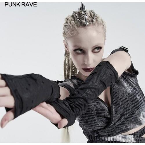PUNK RAVE Womens Punk Snake Ripped Mesh Gloves Simple Style Broken Hole Cool Stage Performance Novelty Long Gloves