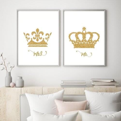 King and Queen Gold Crown Canvas Print Mr & Mrs Love Poster Couple Bedroom Decoration Painting Wall Art Picture Valentines Gift
