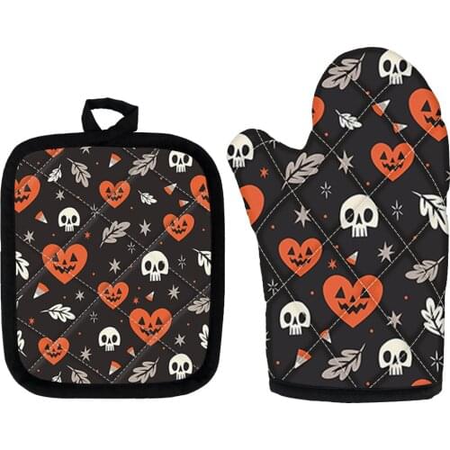 Halloween Skull Love Pumpkin Pattern Oven Gloves Heat Resistant Set Baking Accessories Pad Oven Mitts & Potholders for Kitchen