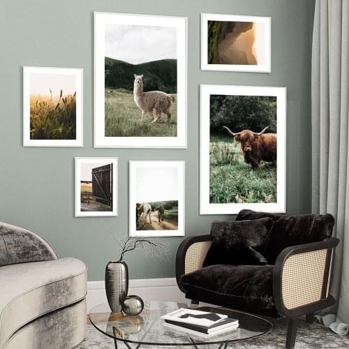 Natural Scenery Animal Cow and Alpaca Canvas Painting Wall Art Nordic Posters and Prints Wall Pictures for Living Room Decor