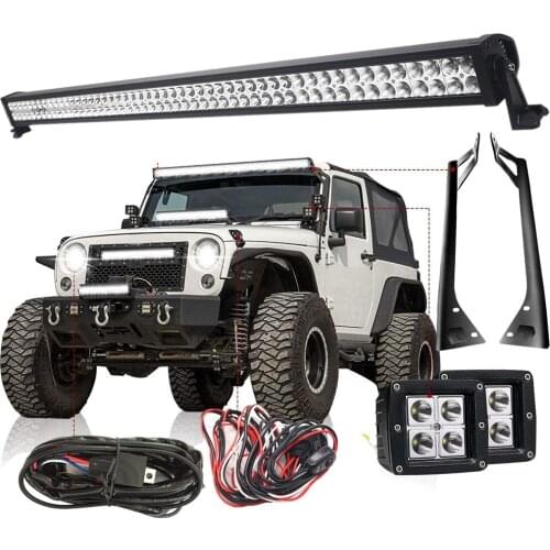 Offroad 50" LED Light Bar + 2pc 3" Pods Fog Lights + Upper Roof Windshield Lower Mounting Bracket For 1987-1995 Jeep Wrangler YJ