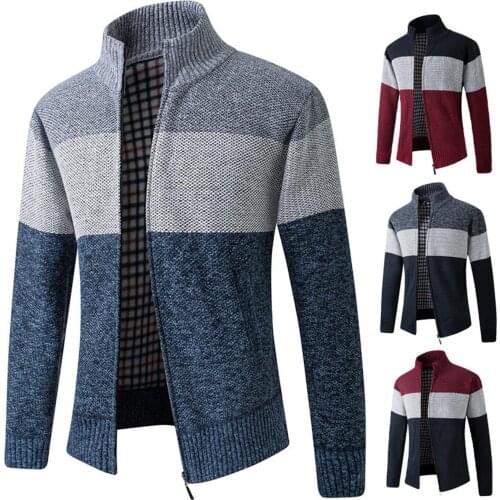 Stand Collar Sweater Coat Mens Patchwork Thick Fleece Comfy Wool Cardigan Knitted Jackets Casual Male Knitwear Plus Size M-3XL