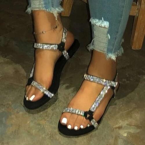 Open Toe Shoes Womens Shoes 2021 Summer New Rhinestone Flat Sandals Female Large Size Beach Sandals