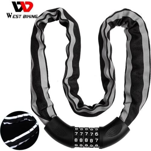 WEST BIKING 94cm Reflective Bicycle Lock 5 Digital Password Anti-theft Locks Security Motorcycle Cycling MTB Bike Chain Lock