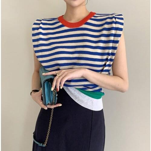 Womens Spring Summer Sexy Sleeveless Contrast Color Knitted Shirt Female High Waist Short Striped Slim T Shirt Top TB708