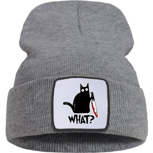 Little Black Cat And Knife Funny Letter Women Knitted Hat Outdoor Casual Men Winter Hats Keep Warm Fashion Beanie For Teens