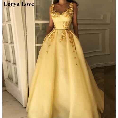 Satin Prom Dresses 2020 Women Formal Party Night Long Vestidos Yellow Appliqus Robe Sleeveless Elegant Evening Gowns Plus Size