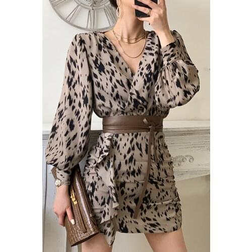 2021 Women Chic Sexy V-Neck Leopard Printed Chiffon Mujer Vestidos Dresses with Belt Fall Vintage Long Sleeve Short Mini Dress