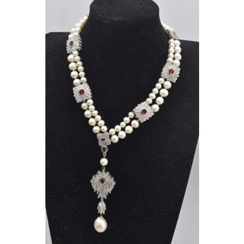 2rows freshwater pearl white near round 7-8mm necklace &red zircon clasp 17inch FPPJ wholesale beads nature