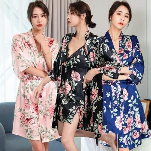 2021 Summer Sexy Lace Lingerie Silk Satin Nightgowns Robe Sets for Women Korean Bathrobe Sleepwear Nightdress Night Dress Nighty