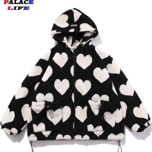 2021 Cute Heart-shaped Print Lambswool Winter Jacket Men Drawstring Pockets Zipper Hooded High Street Warm Couple Streetwear
