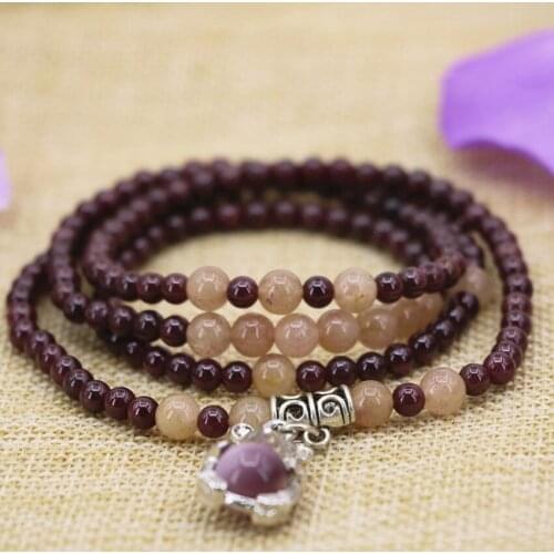 4mm natural garnet stone round beads long chain bracelet bangle 6mm sunstone mouse pendant high quality diy jewelry 30inch B3131