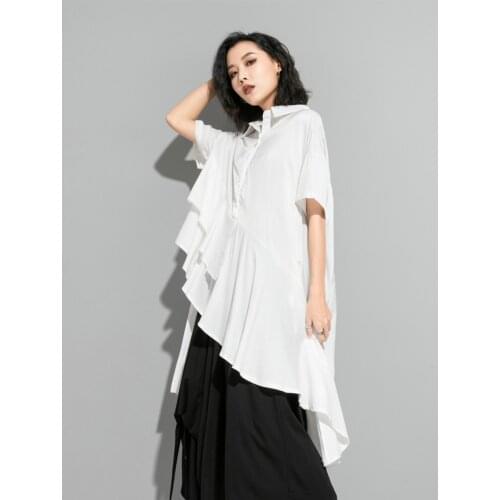 Design sense minority irregular short sleeve top 2021 summer personalized stitching Ruffle medium length fashion T-shirt