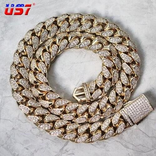 US7 14mm Miami Cuban Link Chain Spring Buckle CZ Stones Gold-plated Necklace For Men Women Hip Hop Fashion Jewelry Gifts