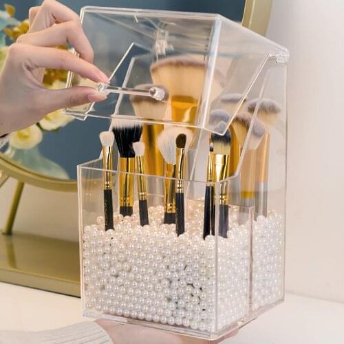 Brush Holder with Lid Acrylic Clear Makeup Vanity Countertop Makeup Organizer Waterproof Dustproof Cosmetic Brush Storage Box