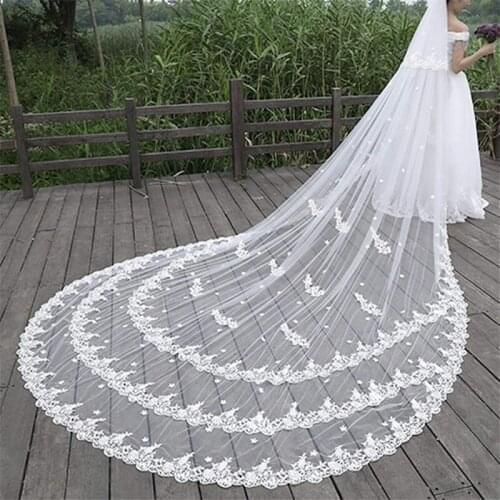Two Layers 400cm Long Wedding Veil with Lace Appliques Vestido De Noiva Longo Custom Made Elegant Bridal Veil with Comb