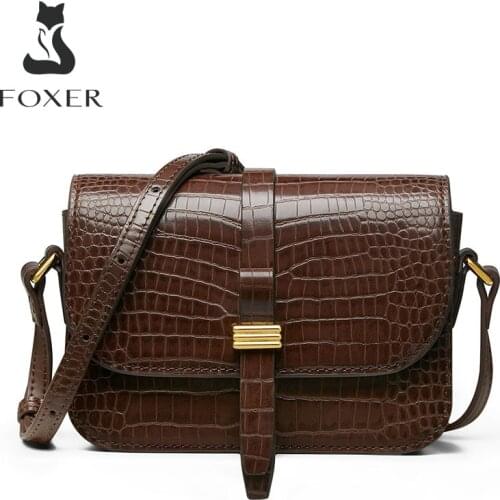 FOXER 2021 Womens Crossbody Bags Split Leather Shoulder Messenger Flap Bags Fashion Lady Small Vintage Crocodile Pattern Purse