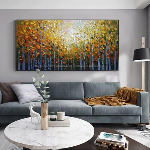 Tree Painting Horizontal Abstract Art Thick Oil Layers Landscape Oil Painting Handmade Painting On Canvas Modern Gold Artwork