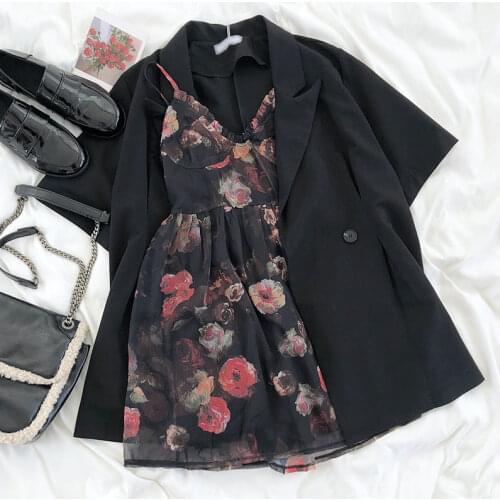 Korean Two Pieces Set Women Short Sleeve Blazer Coat + V Enck Sleeveless Stretch High Waist Floral Sling Dress Suit