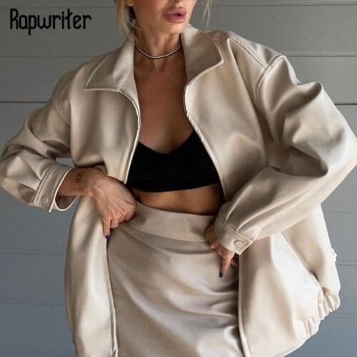 Rapwriter Casual PU Leather Jacket Pocket Oversized Coat Turn Down Collar Zip Up Outwear Chic Basic Jacket Simple Streetwear