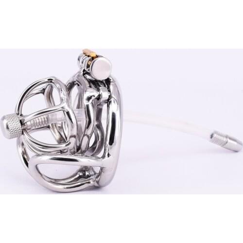Small Stainless Steel Male Chastity Cage with Anti-off Ring Metal Balls Locking Ring with Urethral Tube Testicle Bondage Gear
