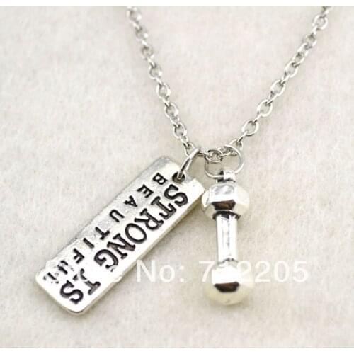 Fashion antique silver plated beauty dumbbell and Vintage Rectangle Strong Is Beautiful sports necklace