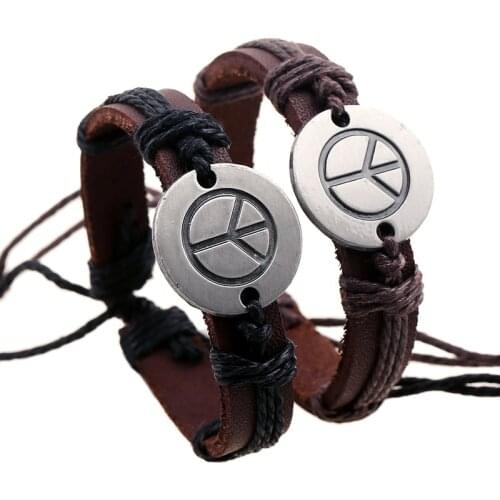 Fashion Trendy Peace Charm Jewelry Bangles Pacifist Handmade Genuine Leather Wristband Unisex Bracelets Hemp Rope Man Bracelet