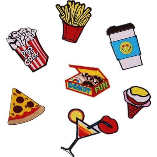 Cartoon Snacks Patches Iron on Patches for Clothing Stripes Fries Drink Badges Stickers on Clothes Embroidered Patches Appliques