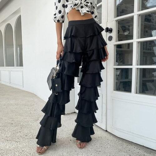 Muslim Women Fashion Black Trousers Loose Straight Pants High Waist Ruffled Pants Musulman Turkish Islam Clothing Female Y1126