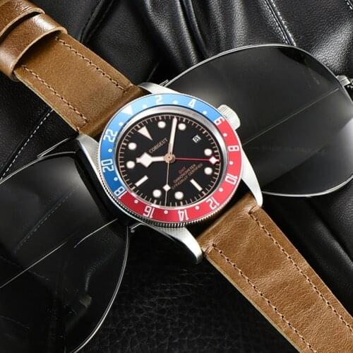 Schwarz Bay Design Men Automatic Mechanical GMT Watches Military Sport Swim Diving Sapphire Luminous Leather Watch Man Ckock