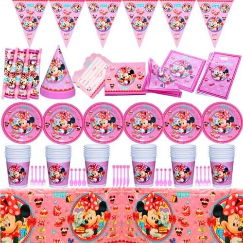 Disney Pink Minnie Mouse Party Decor Kids Birthday Party Supplies Party Decoration Sets Paper Plates Cups Baby Shower Supplies