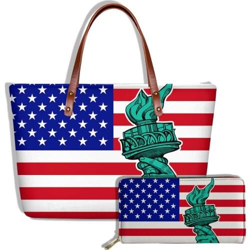 ELVISWORDS Luxury Design Women Handbags&Wallet Set USA Flag Printing Shoulder Bags Brand Lady Top-Handle Bag Purse Custom Bolso