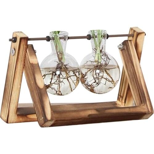 Desktop Glass Planter Bulb Vase with Retro Solid Wooden Stand and Metal Swivel Holder for Hydroponics Plants Home Office Decor