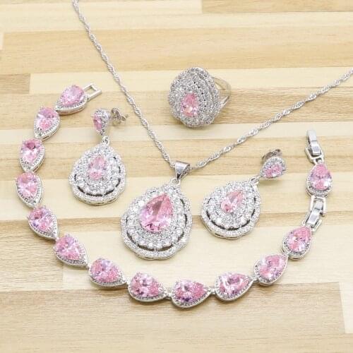 2019 New Pink Cubic Zirconia Heart shaped stone Silver Jewelry Sets For Women Earrings Bracelet Rings Necklace Pendant