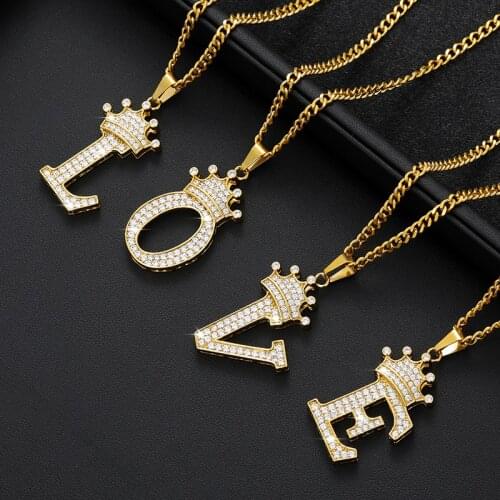 Crystal Zircon Alphabet Pendant Necklaces For Women Men Crown Initial Letter Necklace Hip Hop Gold Chain Jewelry Collier