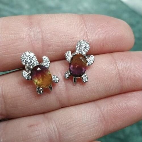 Rose Red Yellow Oval Crystal Stone Turtle Earrings Multicolor Luxury Zircon Stud Earrings For Women Vintage Silver Color Earring