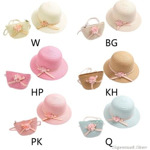 Baby Girls Summer Straw Sun Visor Hat with Zipper Shoulder Bag Sweet Candy Color Floral Bowknot UV Protection Beach Hat F17 21