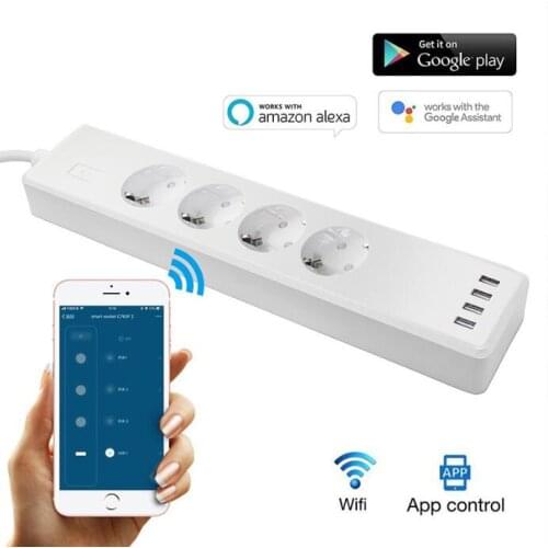Smart WIFI power strip EU Extendable Socket with 4 plug and 4 USB Socket port compatible with Alexa and Google Nest