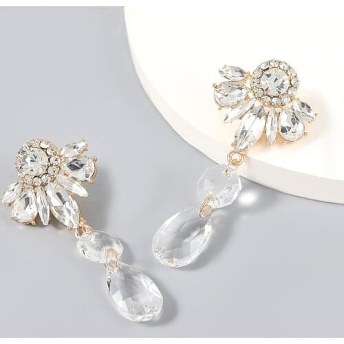 Vintage Exaggerated Gold Color Statement Clear Stone Pendant Long Drop Earrings for Women Girls Fashion Wedding Jewelry