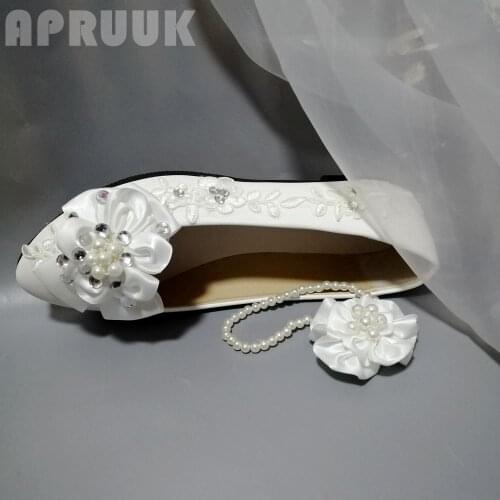Ladies girls flats shoes white lace satin flower crystal rhinestones bridal brides wedding shoes bridesmaid party proms shoe