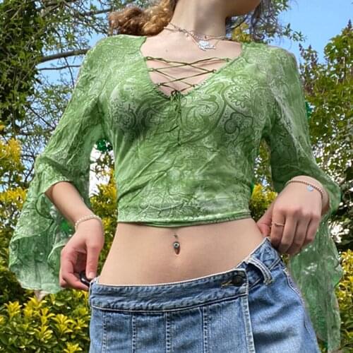 Womens Tube Top Autumn Vintage Aesthetic Clothes V-Neck Fairy Grunge Print Mesh Tops Tie Up Flare Sleeve Womens T-Shirt Y2k