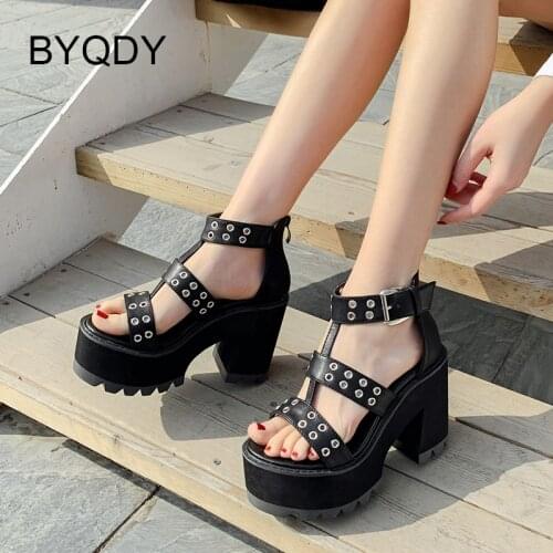 BYQDY New Fashion Ins Hot Sale High Block Heels Shoes Women Cool Thick Platform Cosplay Sandals For Women Sexy Rivet Punk Style