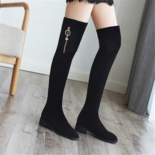 PXELENA 2020 NEW Spring Autumn Thigh High Boots Ladies Slim Fit Flock Low Heels Over The Knee Boots Women Shoes Plus Size 34-43