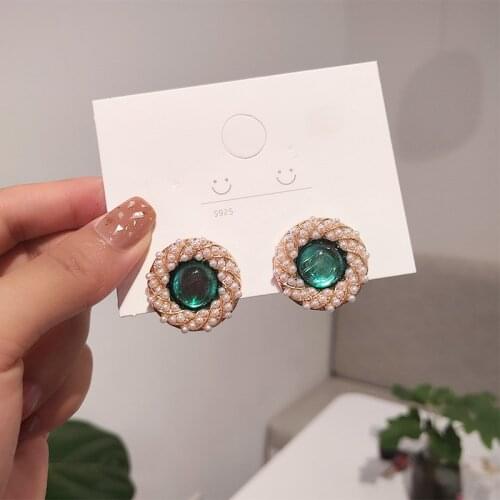 Vintage Green Color Crystal Twisted Round Small Stud Earrings for Women Ladies Simulated-Pearl Geometric Earrings Retro Jewelry